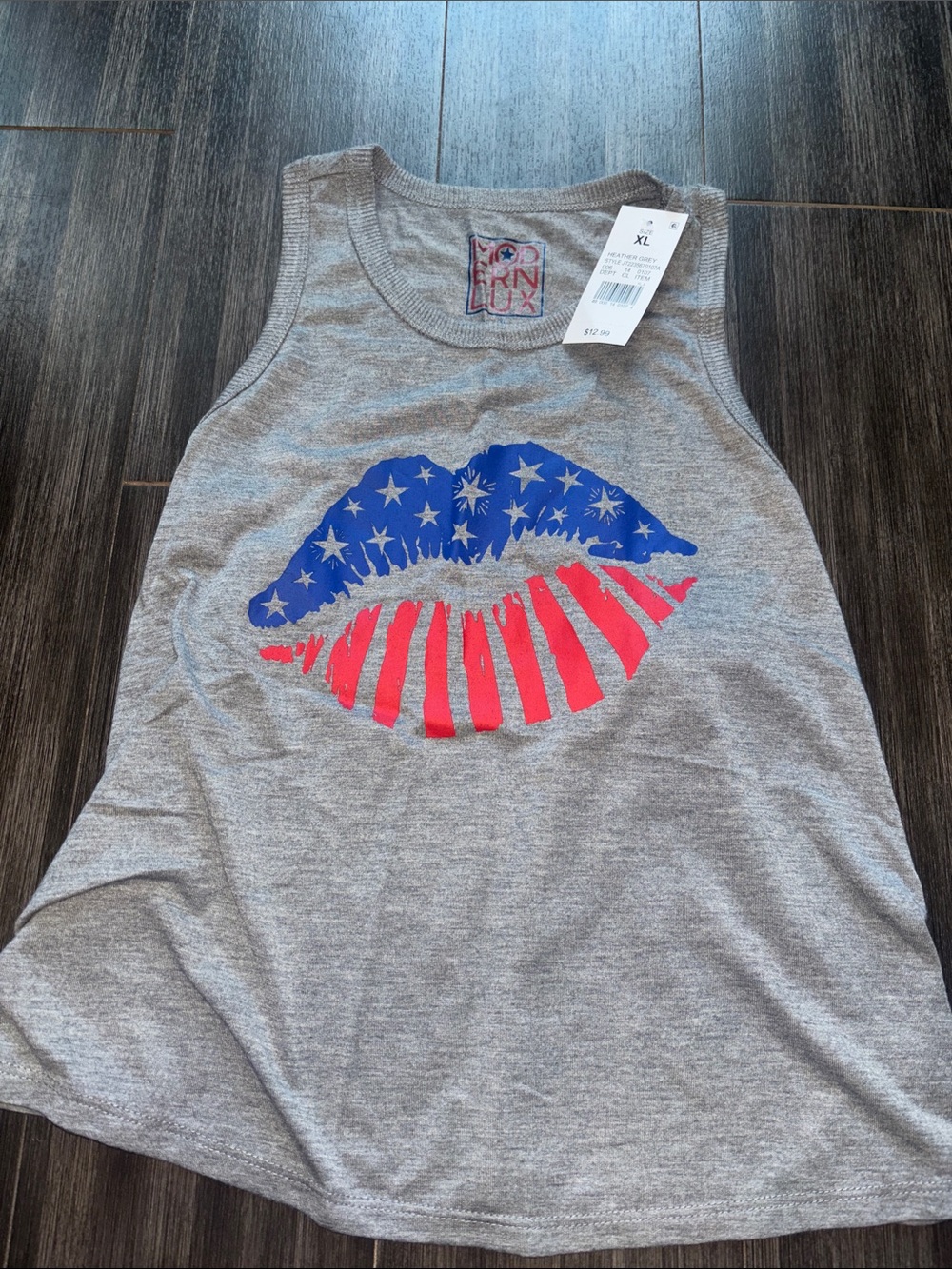 Lark & Ro Gray Tank Top with Red and Blue Flag Lip Graphic